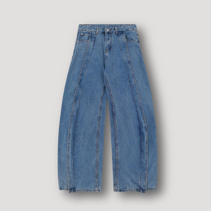 Verticale Nden Midden Washed Blauw Denim Jeans Wide Leg