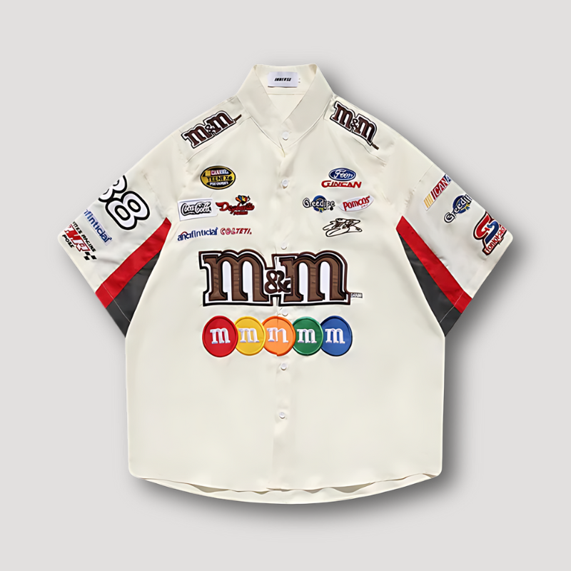 Race Geïnspireerd M&M NASCAR Button Up Satijn Shirt