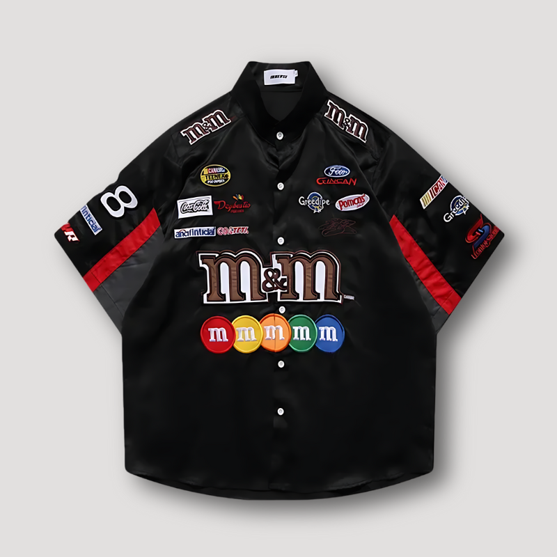 Race Geïnspireerd M&M NASCAR Button Up Satijn Shirt