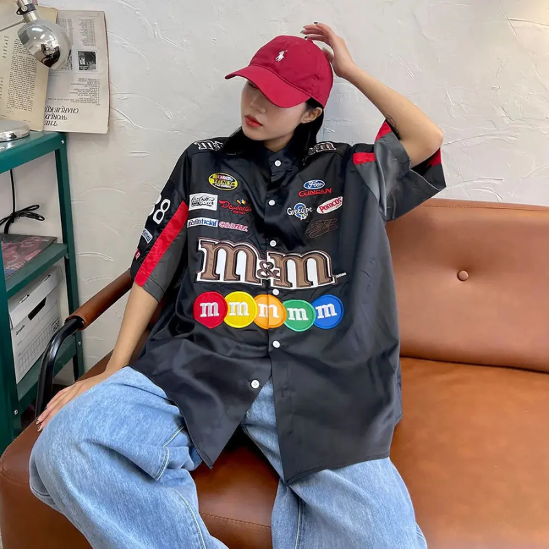 Race Geïnspireerd M&M NASCAR Button Up Satijn Shirt