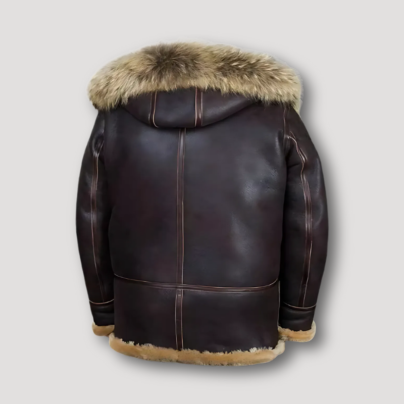 Bruin Leren Hooded Faux Fur Voering Jas Mannen