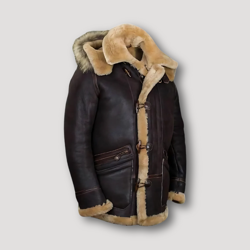 Bruin Leren Hooded Faux Fur Voering Jas Mannen