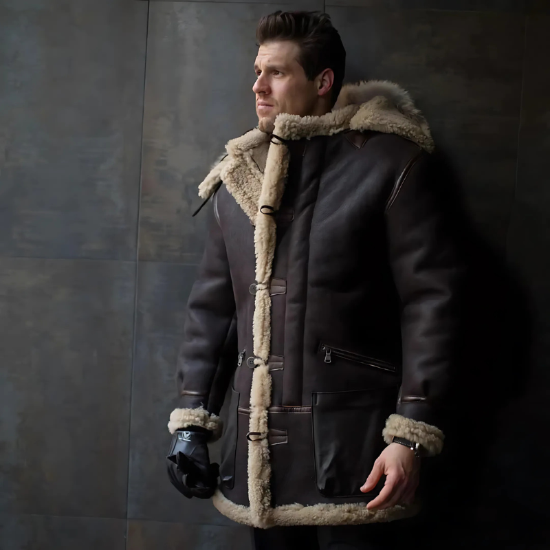 Bruin Leren Hooded Faux Fur Voering Jas Mannen