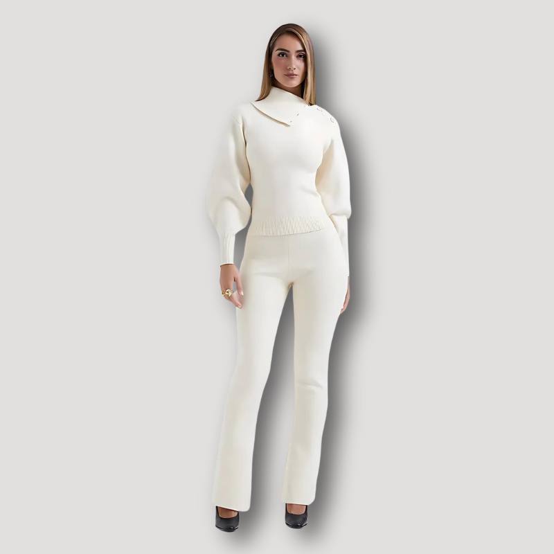 Geribde Gebreide Top Matching Broek Asymmetrisch Collar Twin Set