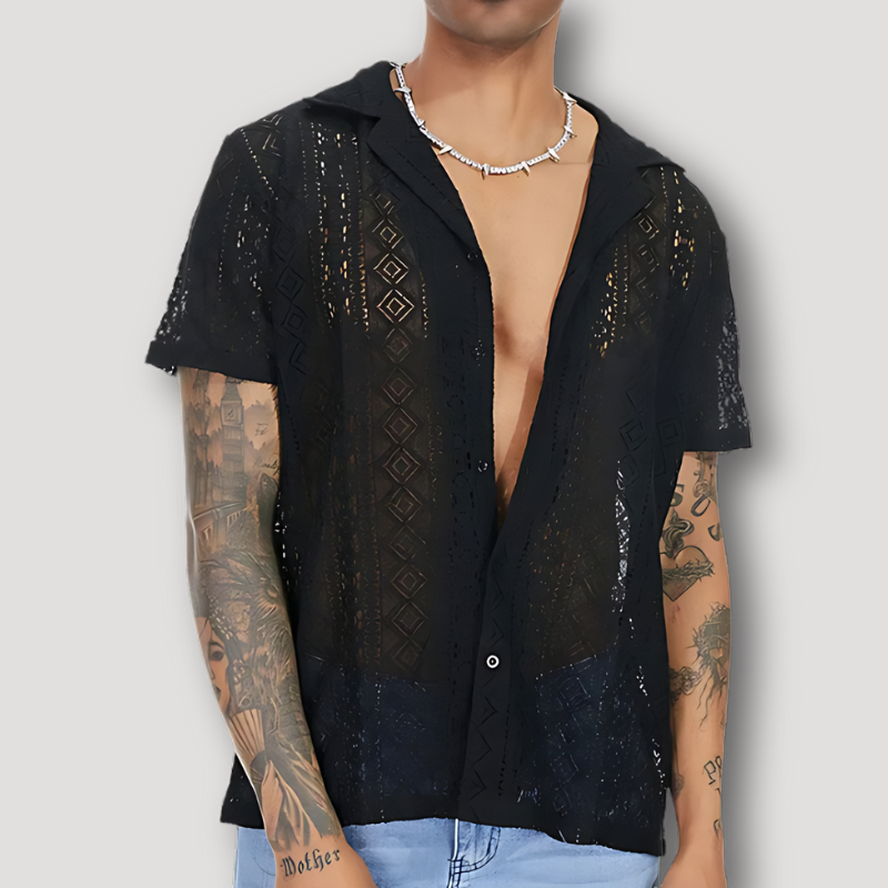 Crochet Korte Mouw See-Through Strand Shirt Mannen