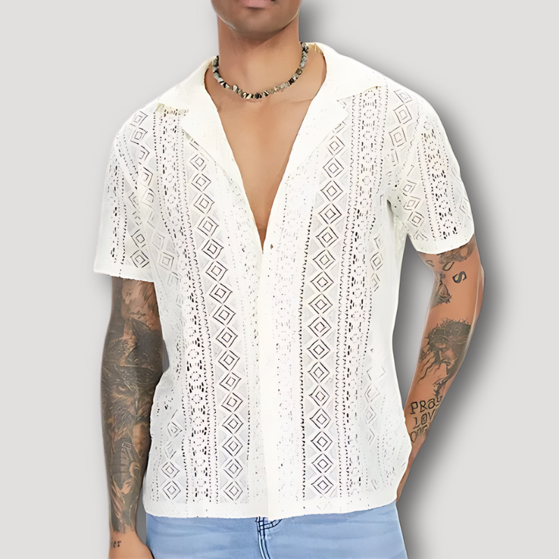 Crochet Korte Mouw See-Through Strand Shirt Mannen