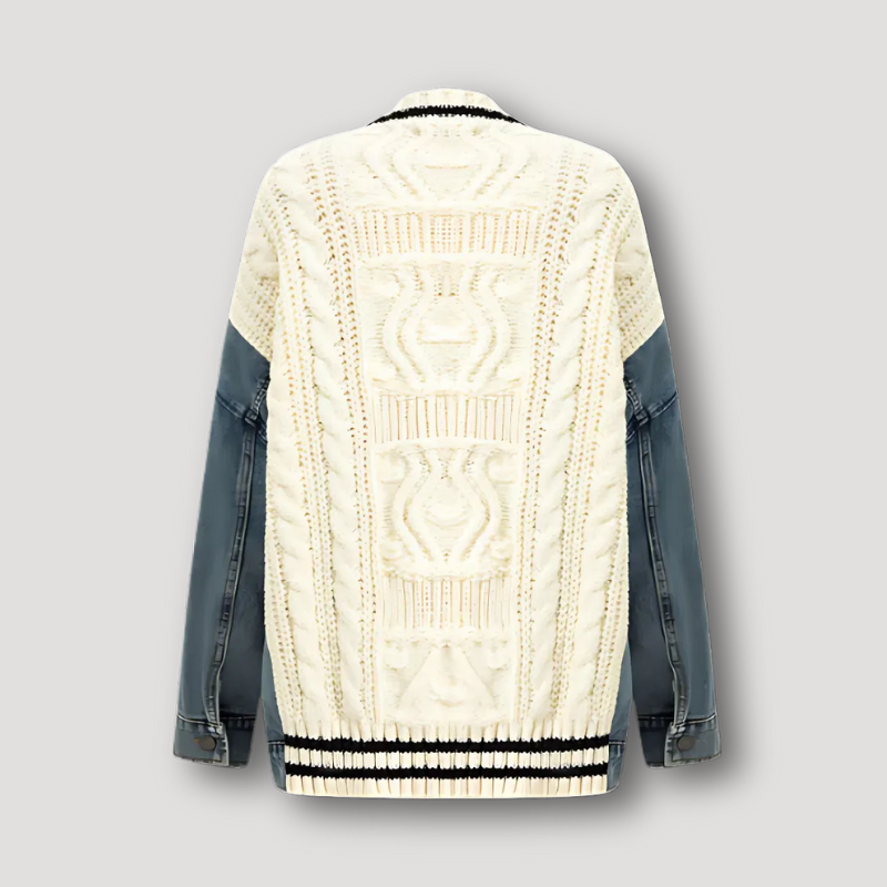 Denim Accenten Unieke Patchwork Knit Cardigan Dames