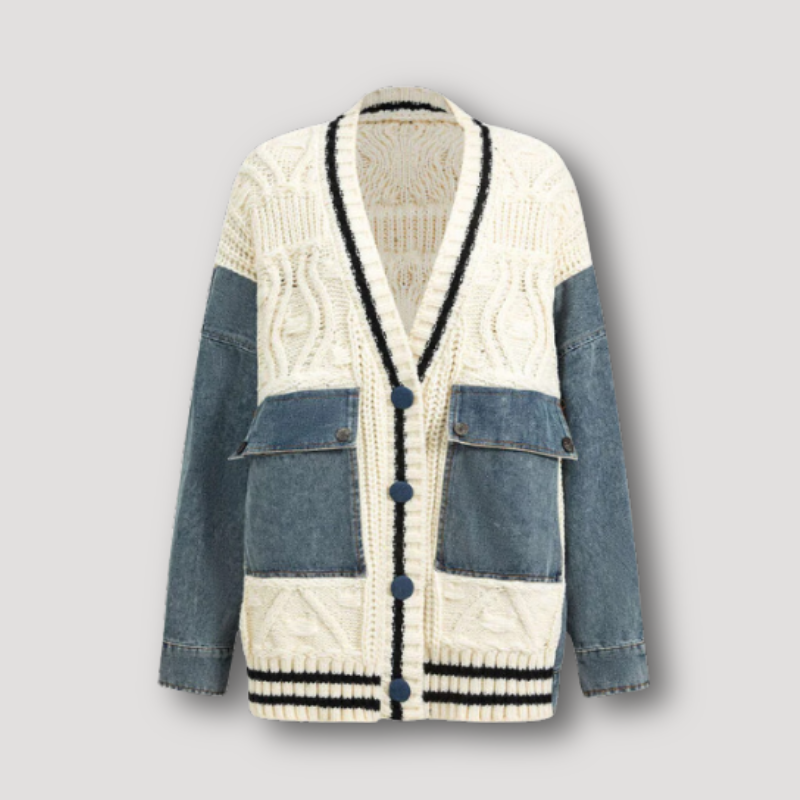 Denim Accenten Unieke Patchwork Knit Cardigan Dames