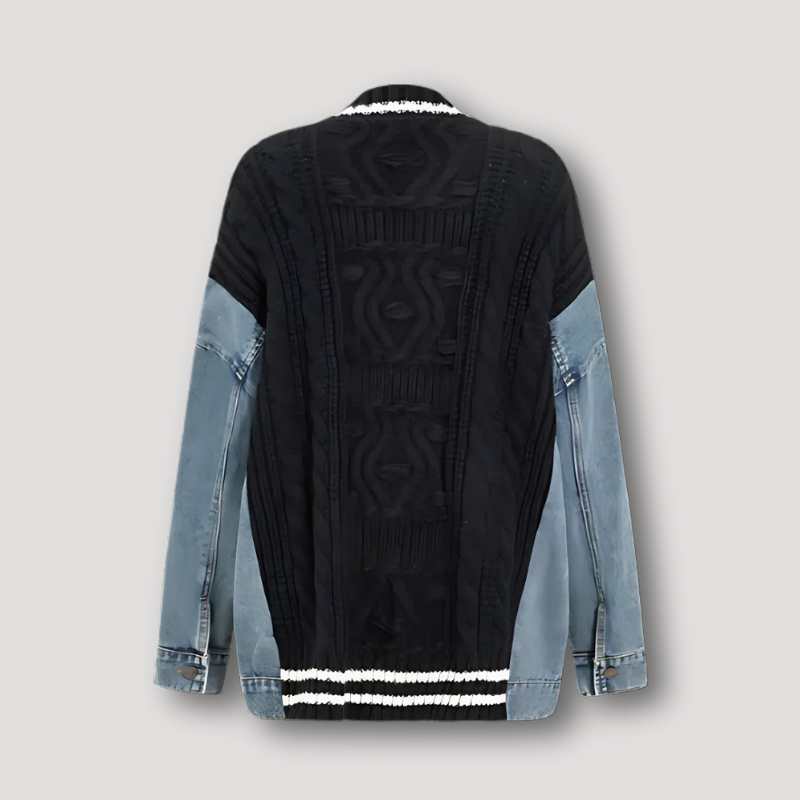 Denim Accenten Unieke Patchwork Knit Cardigan Dames