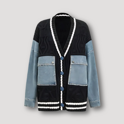 Denim Accenten Unieke Patchwork Knit Cardigan Dames