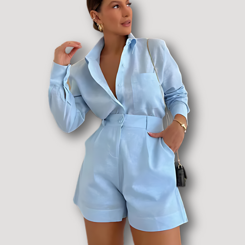 Korte Mouw Button Up Shirt und High Waist Shorts 2 Delige Set Dames