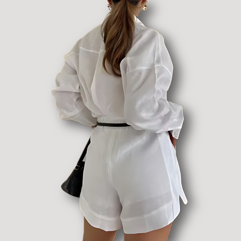 Korte Mouw Button Up Shirt und High Waist Shorts 2 Delige Set Dames