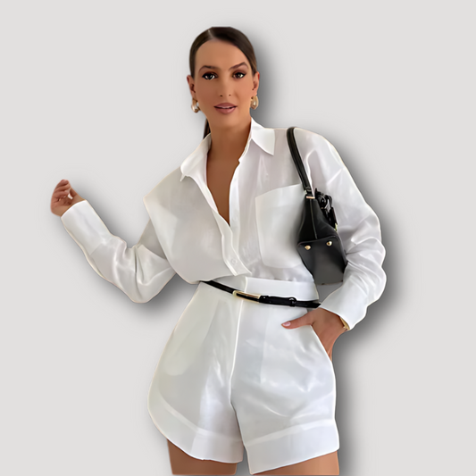 Korte Mouw Button Up Shirt und High Waist Shorts 2 Delige Set Dames