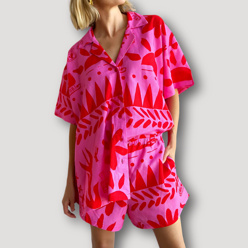 Levendige Roze en Rood Tropische Print Short en Shirt Set Dames