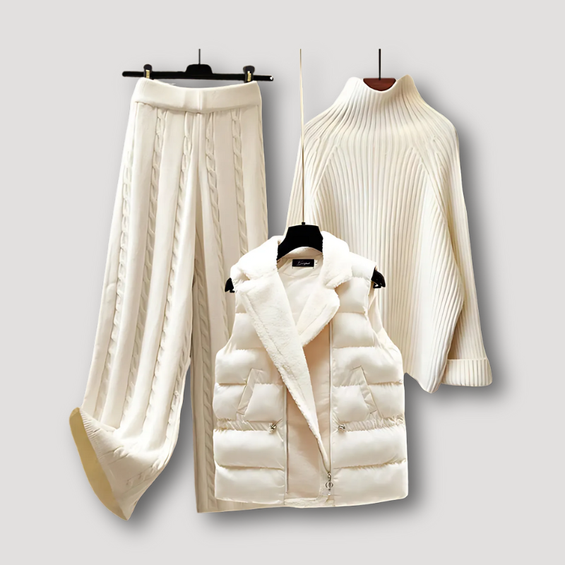 Winter Outfit Wide Leg Puffer Vest Ribbed Turtleneck Trui Driedelig