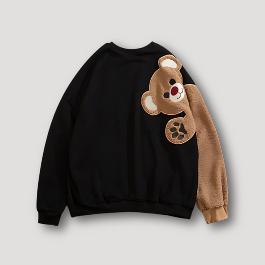 Bruin Fleece Fur Bear Terug Borduurwerk Sweater