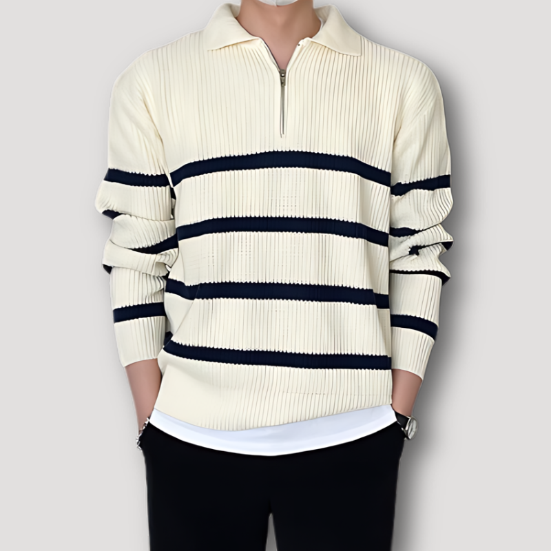 Rib Patroon Breien Half Zip Horizontal Streep Trui