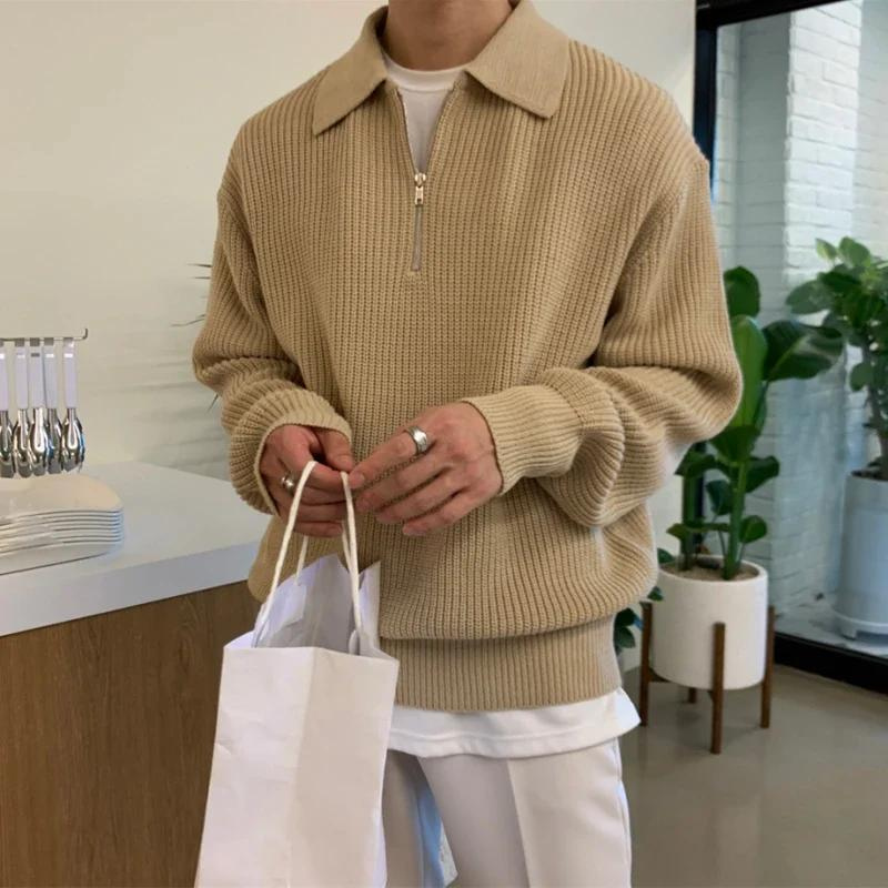 Ribtricot Half Zip Wol Mengsel Sweater Heren