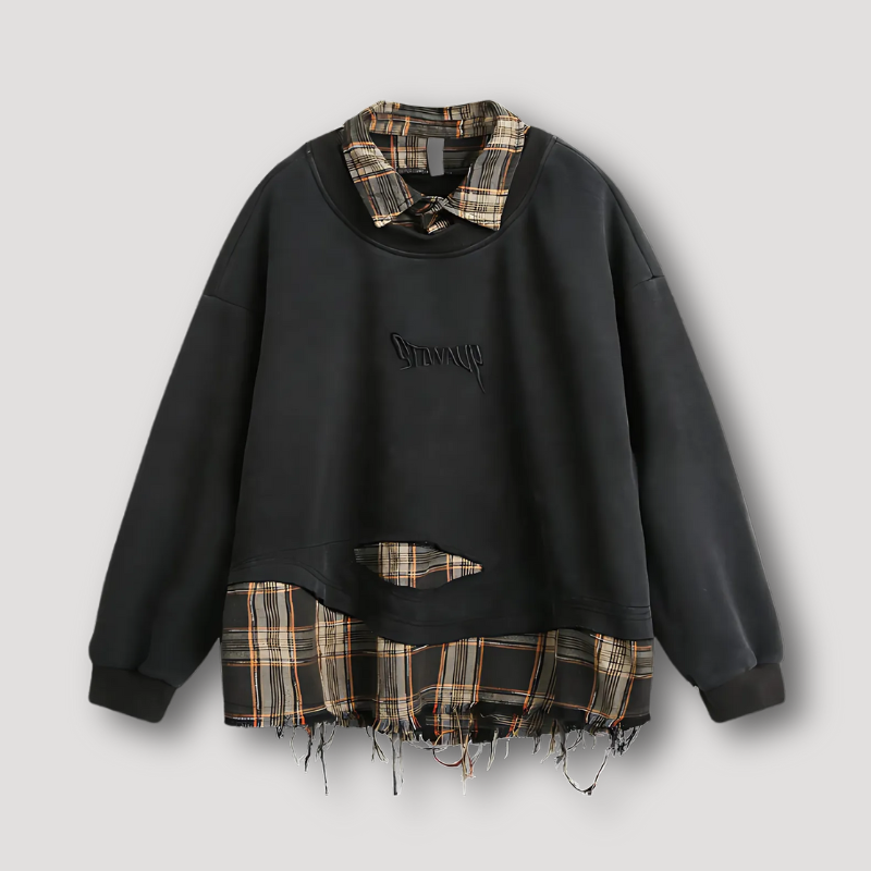 Hybrid Flanellen Ruit Collar Shirt Distressed Sweatshirt