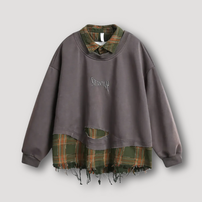 Hybrid Flanellen Ruit Collar Shirt Distressed Sweatshirt