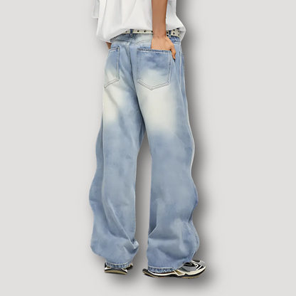 Vervaagde Golvende Zijnaden Distressed Denim Jeans Wide Leg