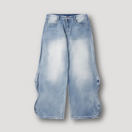 Vervaagde Golvende Zijnaden Distressed Denim Jeans Wide Leg