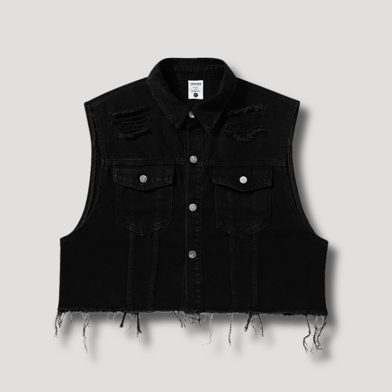 Zwart Gewassen Geript Denim Vest