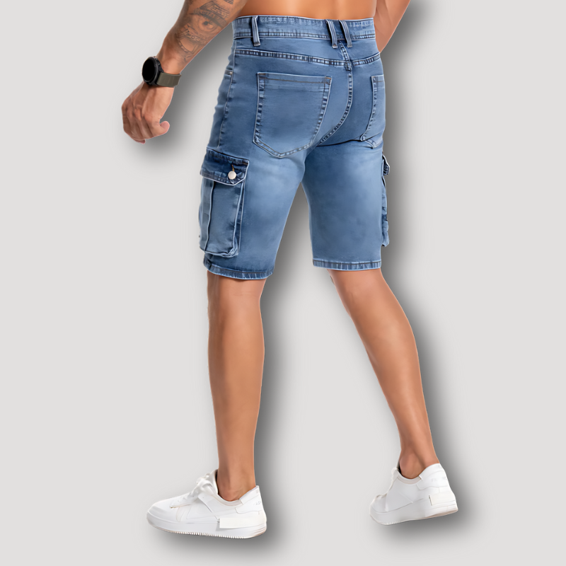 Klassiek Blauw Denim Gewassen Tapered Cargo Jorts