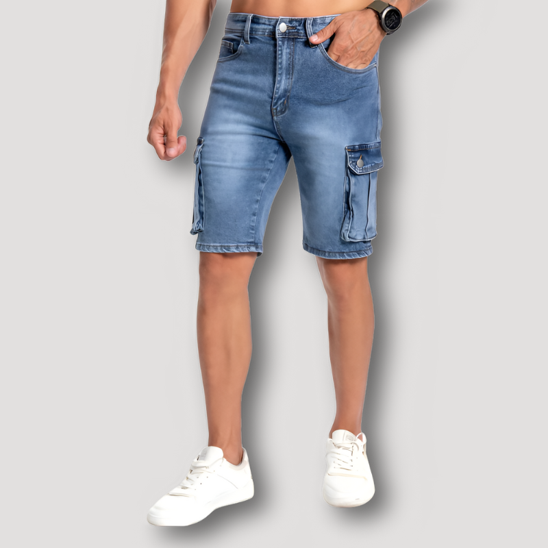 Klassiek Blauw Denim Gewassen Tapered Cargo Jorts