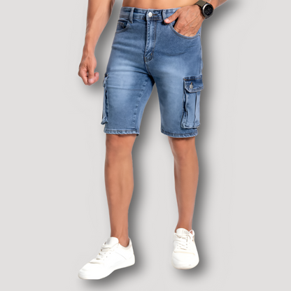 Klassiek Blauw Denim Gewassen Tapered Cargo Jorts