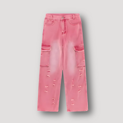 Distressed Gescheurd High Rise Wide Leg Cargo Lichtgevend Roze Jeans