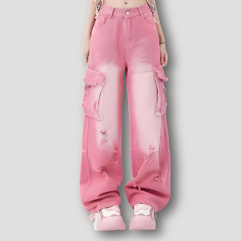 Distressed Gescheurd High Rise Wide Leg Cargo Lichtgevend Roze Jeans