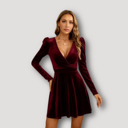 Bordeaux Rood Glanzend Pof Schouder Lange Mouw Velvet Mini Jurk