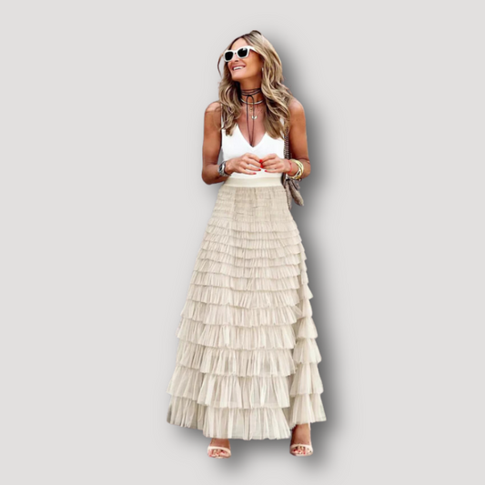 Vloeiende Tiered Tulle Boho Stijl Maxi Ruffle Skirt