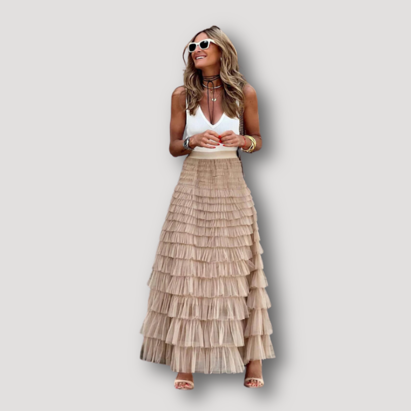 Vloeiende Tiered Tulle Boho Stijl Maxi Ruffle Skirt