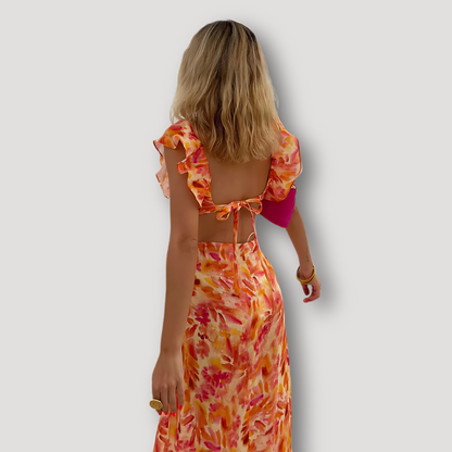 Vibrant Aquarel Bloemen Ruffles Cut Out Maxi Dress Zomer