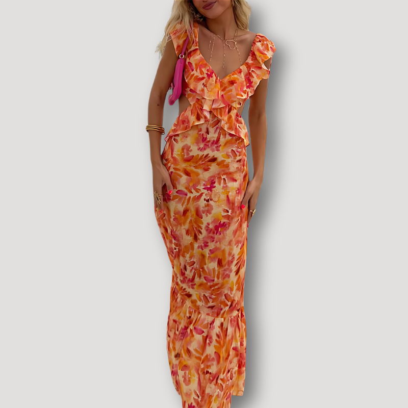 Vibrant Aquarel Bloemen Ruffles Cut Out Maxi Dress Zomer