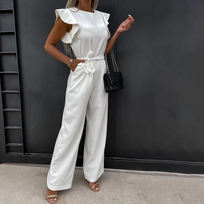 Ruffle Mouwen Matching Riem Vloeiend Wide Leg Jumpsuit