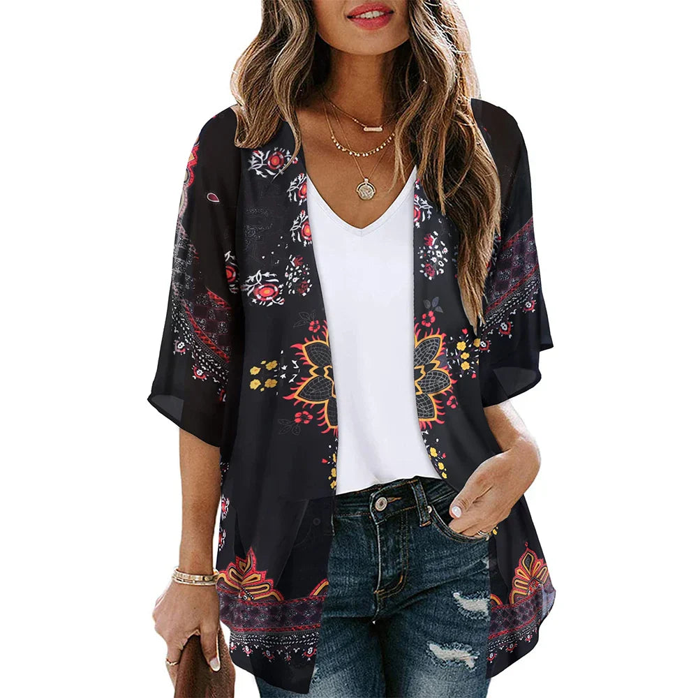 Golden Hour Bliss Kimono Cardigan Sunset and Swim Black/Mixed M 