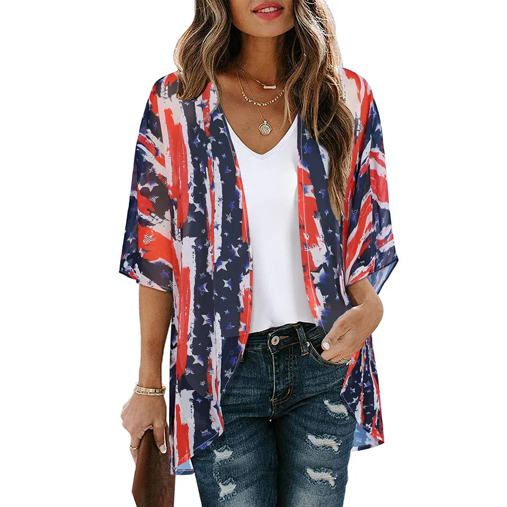 Golden Hour Bliss Kimono Cardigan Sunset and Swim Red/White/Blue M 