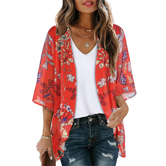 Golden Hour Bliss Kimono Cardigan Sunset and Swim Red/Mixed S 