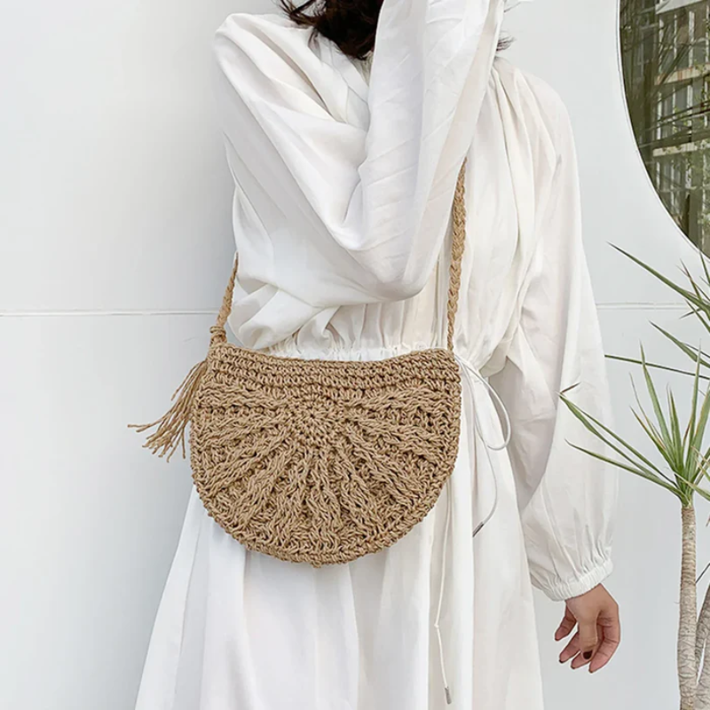 Handgemaakt Woven Boho Raffia Halve Maan Shoulder Bag