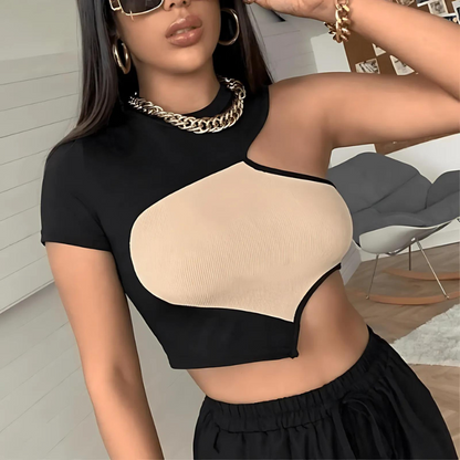 Geribd Breisel Asymmetrisch Zwart Beige Cut Out Crop Top