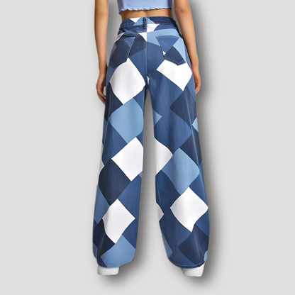 Ruiten Geometrisch Patroon Patchwork Stijl Jeans Wide Leg