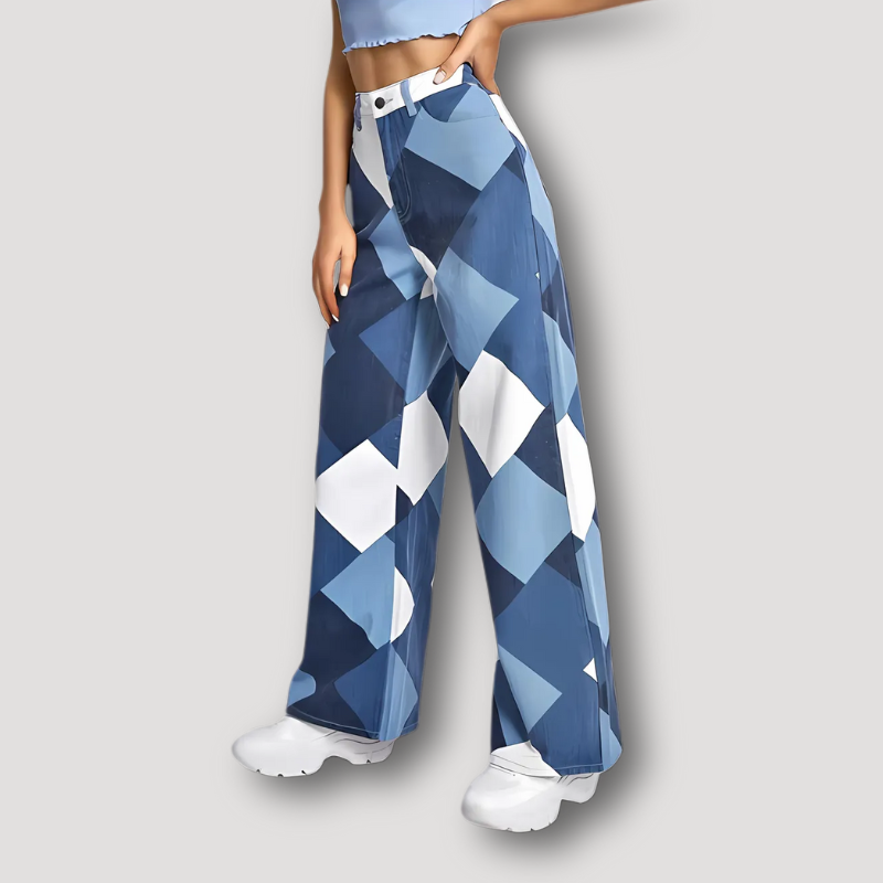 Ruiten Geometrisch Patroon Patchwork Stijl Jeans Wide Leg