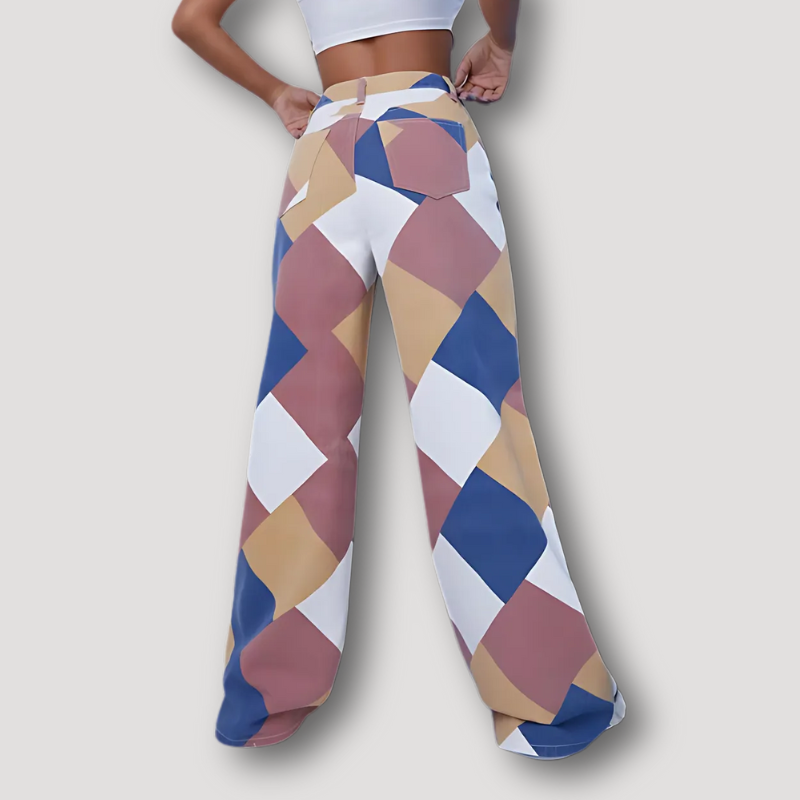 Ruiten Geometrisch Patroon Patchwork Stijl Jeans Wide Leg