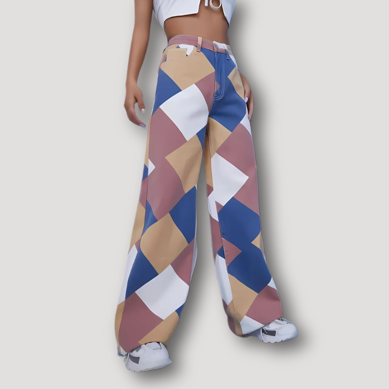 Ruiten Geometrisch Patroon Patchwork Stijl Jeans Wide Leg