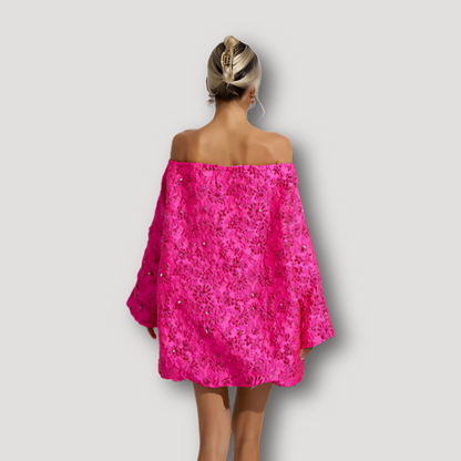 Heet Roze Bloemen Patroon Flared Mouw Off Shoulder Jurk