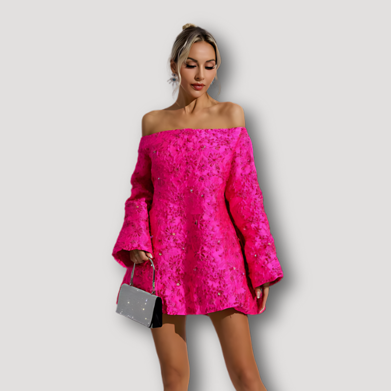 Heet Roze Bloemen Patroon Flared Mouw Off Shoulder Jurk