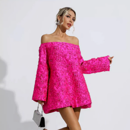 Heet Roze Bloemen Patroon Flared Mouw Off Shoulder Jurk